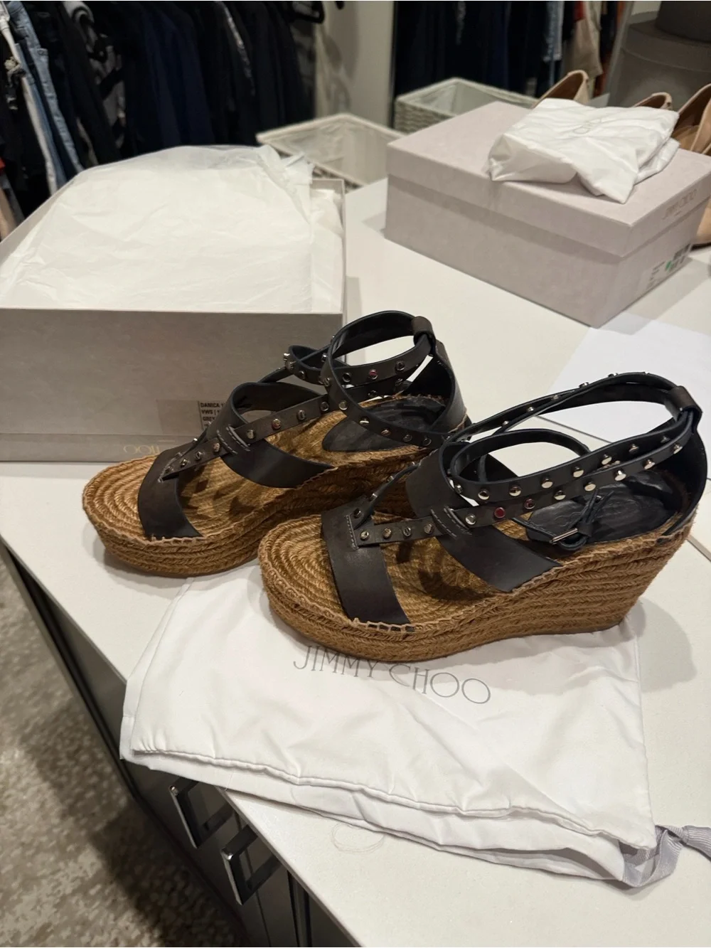 Jimmy Choo Gray Studded Espadrille Wedge Sandals